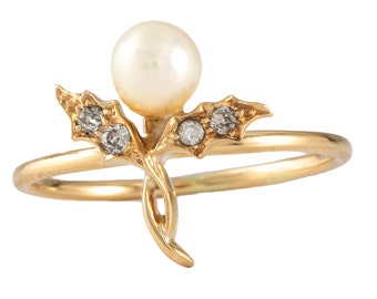 UPCYLED cultured pearl ring. 14kt yellow gold, old European cut diamonds, cultured Pearl, holly. Converted from antique vintage stick pin.