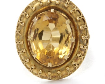 Minor losses. 14kt yellow gold, Etruscan Revival Antique Vintage Citrine ring/statement cocktail ring. Large Citrine 11.7x9mm.