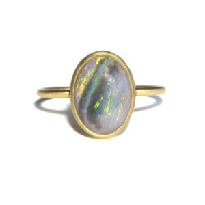 18kt yellow gold, 11x8.5mm natural solid Lightning Ridge Australian dark Opal, Australian Opal ring/simple statement ring. Price Reduced.