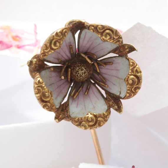 Antique gold enamel Cherry blossom stick pin. 14kt