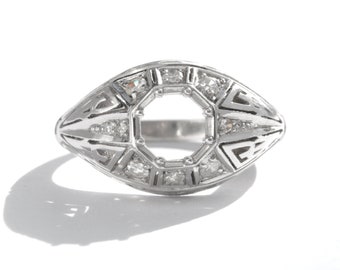 Vintage STYLE verlovingsring setting/statement semi-montage. Platina, diamanten, filigraan. Geschikt voor 6 mm rond. NIEUWE REPLICA van een Art Deco-ring.