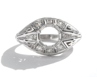 NEW REPLICA Antique Vintage Art deco engagement ring setting or statement semi-mounting. Platinum, diamonds, filigree. Fits 6mm round. OOAK.