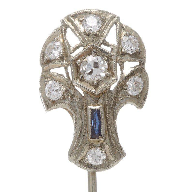 Stickpin lapel pin. syn sapphire Art deco vintage stick pin 18kt white gold 14kt gold Old European diamonds Vintage Diamond stick pin