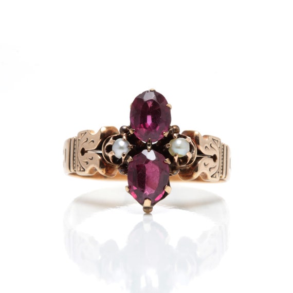 10kt rose gold, pearls, purple red garnets. Victo… - image 1