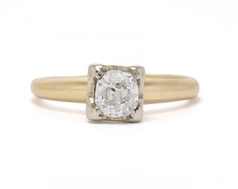 0.54ct vintage diamond engagement ring. Natural old mine cut diamond J Si2, 14kt white and yellow gold, solitaire. 1930s-40s. Prong set.