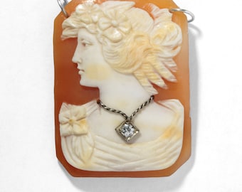 UPCYCLED vintage diamond shell cameo pendant. 14kt white gold, Old European cut diamond, Bacchante bust. Newly repurposed as a pendant.