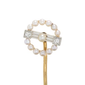 Antique vintage pearls diamonds stick pin/stickpin/lapel/tie pin. Platinum, 14kt gold, old European cut diamonds. Edwardian c1900. Hallmark.