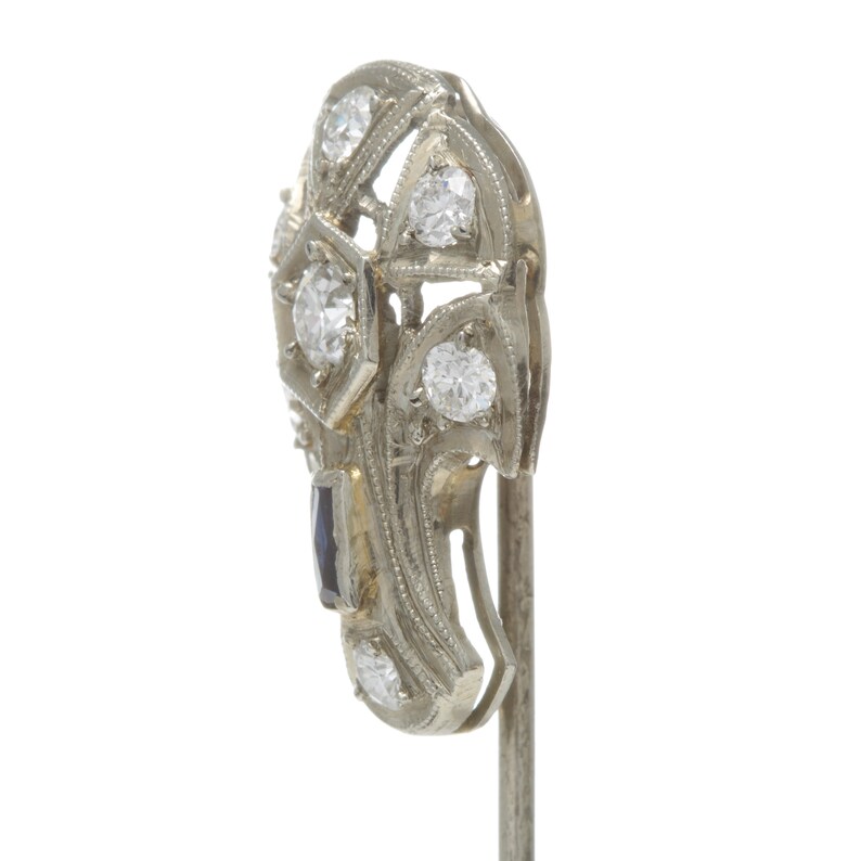 Stickpin lapel pin. syn sapphire Art deco vintage stick pin 18kt white gold 14kt gold Old European diamonds Vintage Diamond stick pin