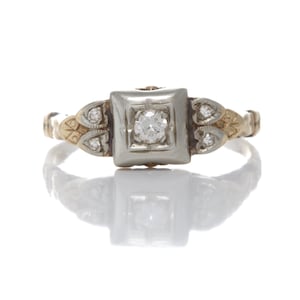0.08ct vintage diamond engagement ring/dainty stacking ring. Natural round old European cut diamond, 14kt white/yellow gold. Art Deco Estate