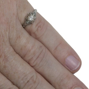0.20ct vintage diamond engagement ring. J Si1 Natural round old European cut diamond, 14kt white gold, Filigree. Art Deco 1930s. Estate. image 2
