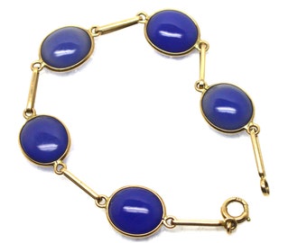 7" 14kt vintage Blue Chalcedony bracelet. 14kt yellow gold links, double-sided cabochons. Mid-century 1940s. Pre-owned estate.
