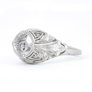 NEW REPLICA Antique Vintage Edwardian STYLE engagement ring setting semi mount. Platinum, diamond, filigree. Fits 6.4mm round. Price Reduced