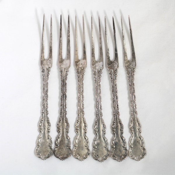 6 Antique sterling silver berry forks. Louis XV. 4.5". Whiting Manufacturing for Bailey Banks and Biddle. Flatware. Vintage Ca 1900.