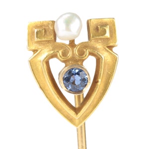 Antique vintage pearl sapphire stick pin/stickpin/lapel pin. 14kt yellow gold. Greek Revival ca 1900. Key motif. Alling & Co. Price reduced.