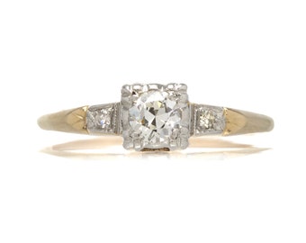 0.25ct vintage diamond engagement ring. Natural round old European cut diamond, i Si1, 14kt white/yellow gold solitaire ring. 1940s. Estate.