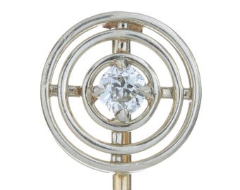 14kt Art deco vintage diamond stick pin/stickpin/lapel pin/tie pin. 14kt white gold, old European cut diamond, filigree, antique 1920s.