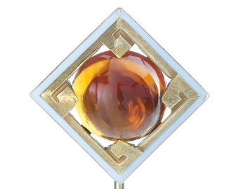 Antique Vintage Citrine stick pin/stickpin/lapel pin. 14kt gold, enamel, Citrine. Edwardian/Art Nouveau.  By Whiteside & Blank, circa 1900.
