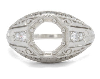 Vintage STYLE verlovingsring instelling/semi-montage. Geschikt voor 7 mm rond. Platina, diamanten, filigraan. NIEUWE REPLICA van een Edwardiaanse antieke ring.