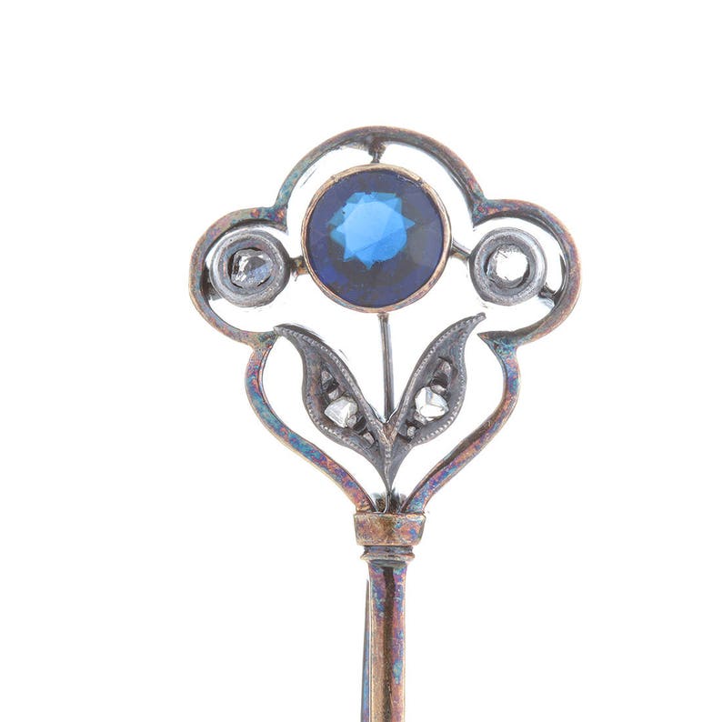 Pin Brooch Antique Georgian diamonds 14 kt gold 1800/'s Tie pin Blue glass to simulate sapphire silver rose cut diamonds
