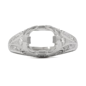 NEW REPLICA Antique Vintage Edwardian engagement ring setting. Fits 6.4mm round. Platinum, diamonds semi mounting. OOAK. Price Reduced.