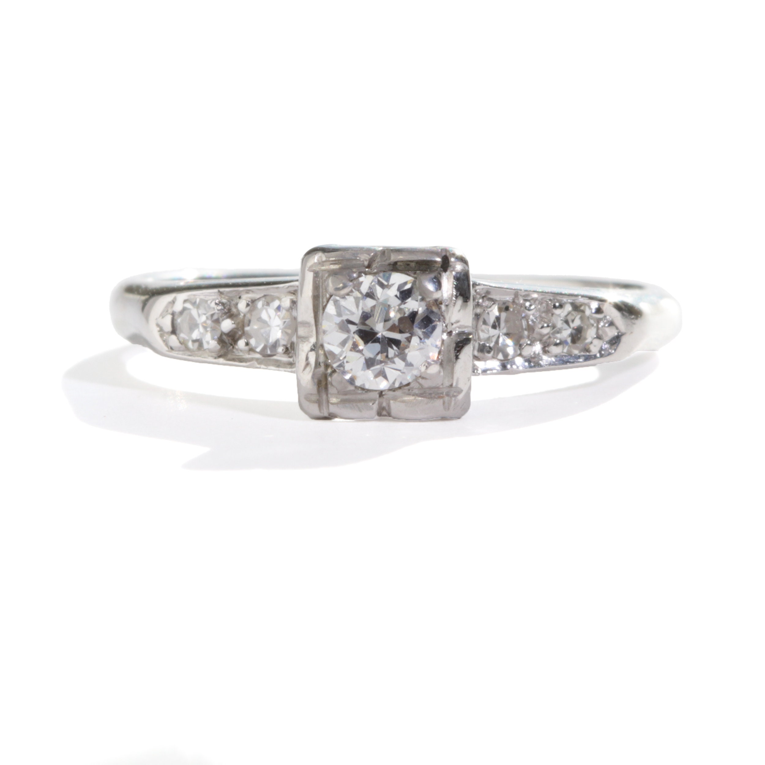0.20ct vintage diamond engagement ring. J Si1 Natural round old European cut diamond, 14kt white gold. Circa 1940. Estate. Size 4.75.