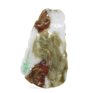 56mm GIA certified untreated type A Jadeite Jade dragon pendant. All natural. Fei Cui. Fine hand-carved white, green, brown Jade. Pre-owned.