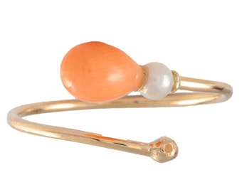 UPCYCLED orange Angel skin Coral ring/bypass ring. 14kt yellow gold, cultured pearl, All natural Coral. Converted antique vintage stick pin.