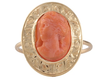 UPCYCLED 14kt yellow gold, pink-orange Carved Coral cameo ring/statement ring. Antique vintage coral cameo with NEW 14kt gold shank.