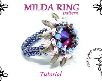 MILDA RING pattern tutorial with Crescent bead and Swarovski Rivoli