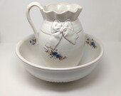 Large Wash Basin With Pitcher White with Blue Flowers - C G Warranted Marking
