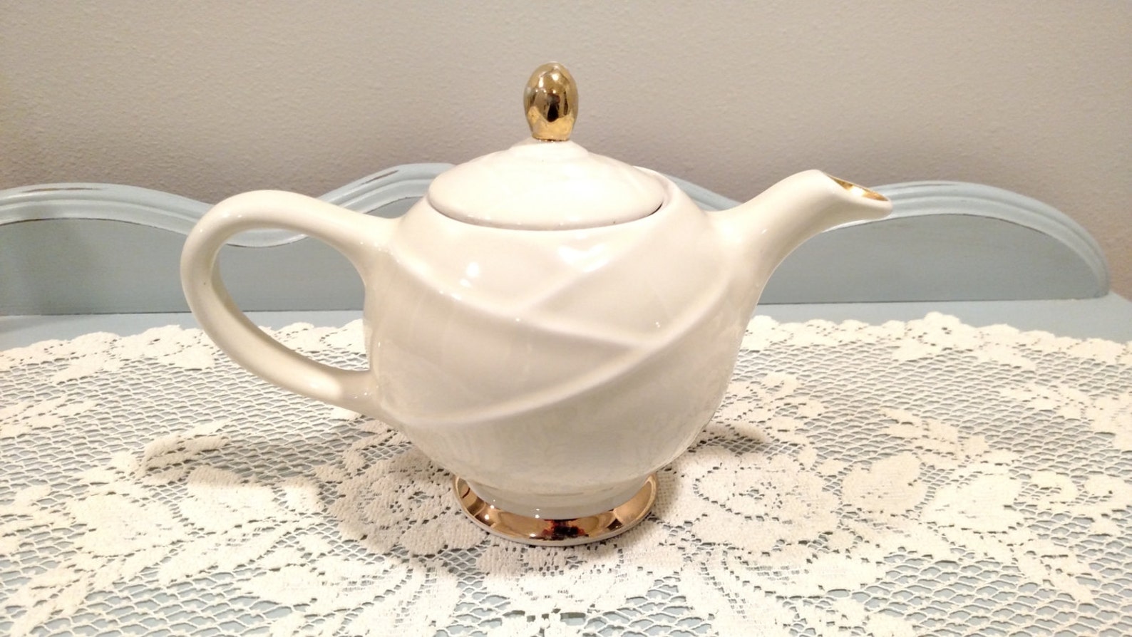 Hall China Pottery Teapot Ivory Gold 0218 6 cup USA Etsy