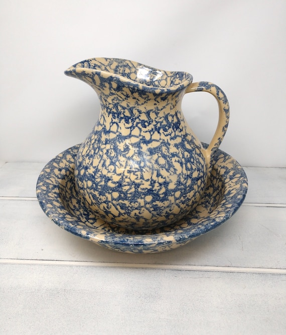 Blue and White Spongeware Stoneware Hot Water Pitcher with Stripes