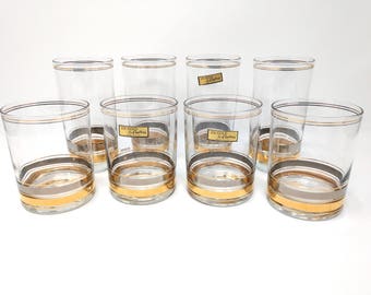 Mid Century Modern Barware, Tumbler Glasses, Culver 22 K Gold, Signed, Culver Highball Glasses, Culver Tumblers