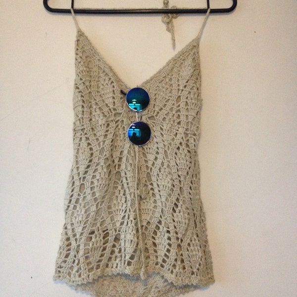 Beautiful handmade crochet knitted indie boho low back halter neck top in beige.