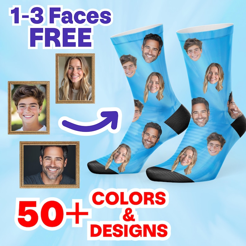 May include: A pair of light blue socks with faces printed on them. The socks have black heels and toes. The image also includes the text "1-3 Faces FREE" and "50+ Colors & Designs".