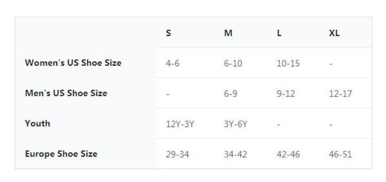 May include: A shoe size chart displays women's, men's, youth, and European shoe sizes corresponding to small, medium, large, and extra-large sizes.  The chart uses a white background with gray text and lines.  Women's sizes range from 4-6 to 10-15. Men's sizes range from 6-9 to 12-17. Youth sizes range from 12Y-3Y to 3Y-6Y. European sizes range from 29-34 to 46-51.
