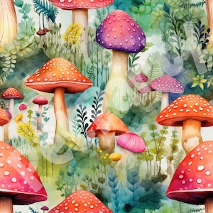 Watercolor Mushroom Seamless Pattern Bundle, High Resolution Instant Download, Seamless Textures image 8