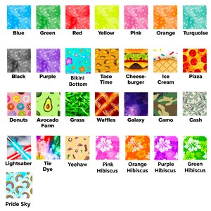 May include: A collection of 25 different patterned squares, each with a unique design. The patterns include colors like blue, green, red, yellow, pink, orange, turquoise, black, purple, and more. Some patterns include images of donuts, avocados, tacos, ice cream, pizza, and more.