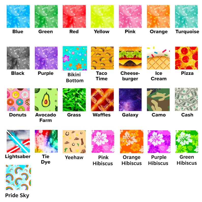 May include: A collection of 25 different patterned squares, each with a unique design. The patterns include colors like blue, green, red, yellow, pink, orange, turquoise, black, purple, and more. Some patterns include images of donuts, avocados, tacos, ice cream, pizza, and more.