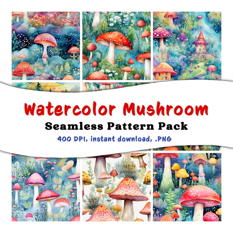 Watercolor Mushroom Seamless Pattern Bundle, High Resolution Instant Download, Seamless Textures image 1