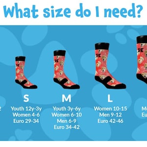 May include: Image shows five pairs of socks in different sizes, labeled XS to XL, with a red background and a pattern of golden retriever faces. The text "What size do I need?" is at the top, with size guides for youth, women, and men.