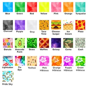 K&ouml;nnte beinhalten: Eine Anordnung farbenfroher Muster und Designs. Das Bild enth&auml;lt Volltonfarben wie Blau, Gr&uuml;n und Rot sowie Muster wie Donuts, Avocado und Pizza. Textbeschriftungen identifizieren jedes Design, darunter "Lichtschwert", "Tie Dye" und "Pride Sky".