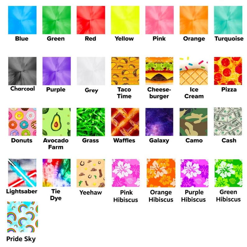 K&ouml;nnte beinhalten: Eine Anordnung farbenfroher Muster und Designs. Das Bild enth&auml;lt Volltonfarben wie Blau, Gr&uuml;n und Rot sowie Muster wie Donuts, Avocado und Pizza. Textbeschriftungen identifizieren jedes Design, darunter "Lichtschwert", "Tie Dye" und "Pride Sky".