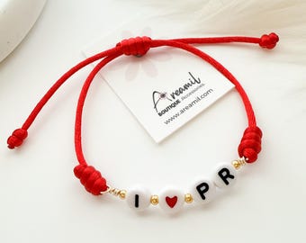 I LOVE PR Bracelet, Puerto Rico Bracelet, Adjustable Boricua Bracelet, Puerto Rican Gift, Handmade Friendship Bracelet