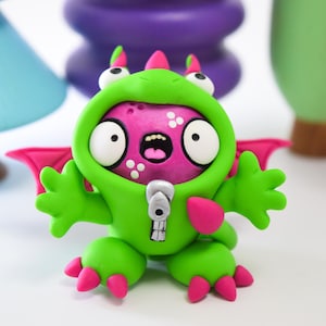 Handmade Gubbin Figurine, Cute Polymer Clay Green Dragon Art Figure, Fantasy Creature Gift Idea, Collectible Desk Decor