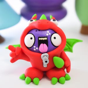 Handmade Gubbin Figurine, Cute Polymer Clay Red Dragon Art Figure, Fantasy Creature Gift Idea, Collectible Desk Decor