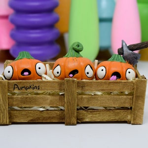 Halloween Ornaments, Miniature Crate of Three Halloween Pumpkins