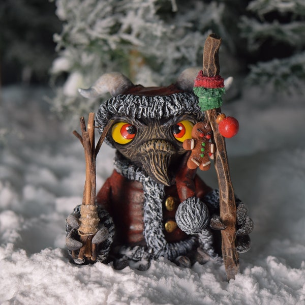 Krampus beeldje, met de hand gebeeldhouwd kerstornament, Creepmas cadeau