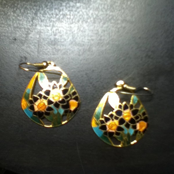 Bright & Shimmering Vintage Orange FLORAL Shaped CLOISONNE Earrings in Mint Condition!