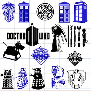 May include: A collection of black and blue vinyl decals featuring Doctor Who imagery, including TARDIS police boxes, the Gallifreyan seal, sonic screwdrivers, a K-9 robot, a Weeping Angel, Daleks, a Cyberman head, and the Doctor Who logo text.